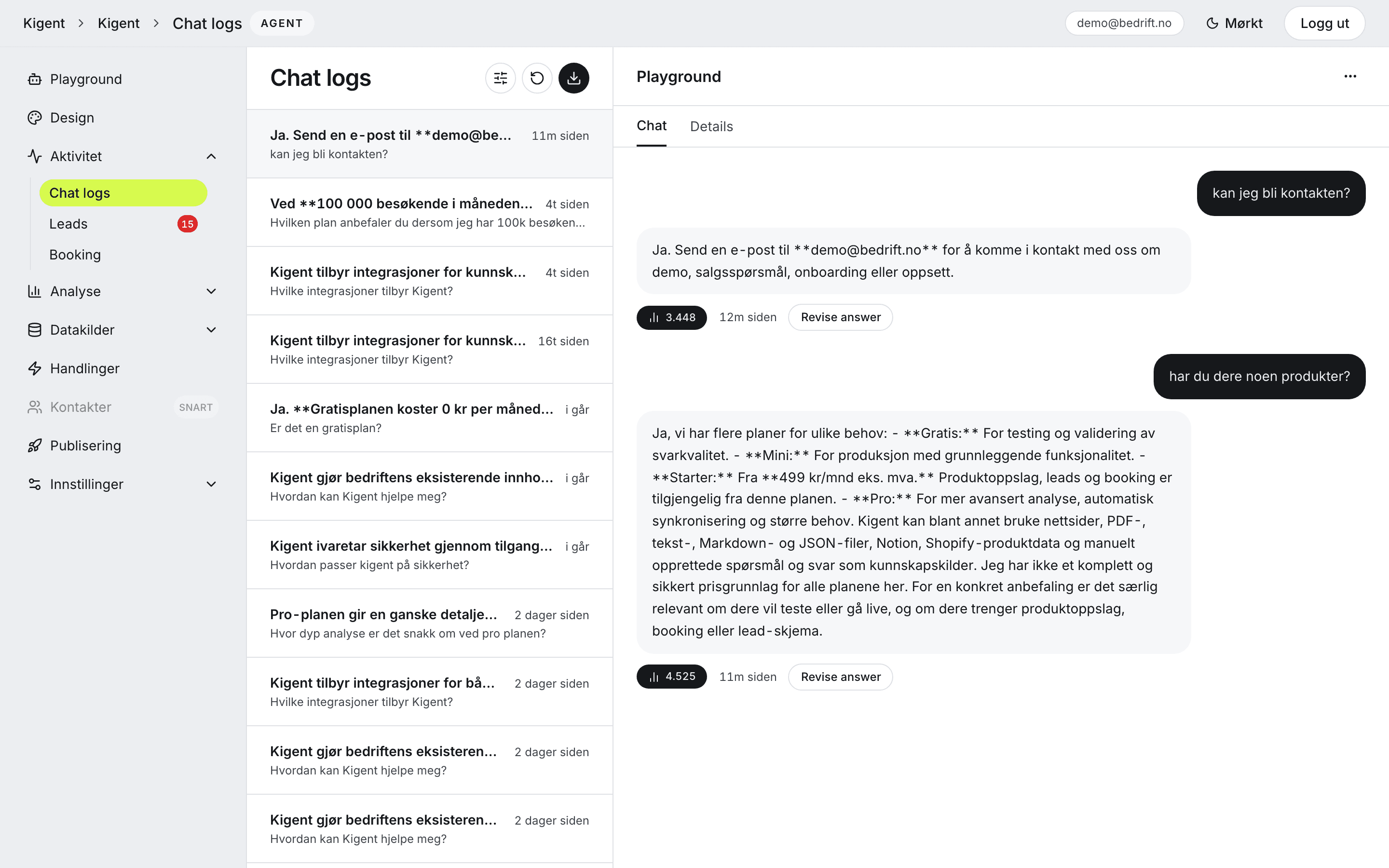 Chat logs i Kigent-dashboardet med samtaleliste og fullt svar