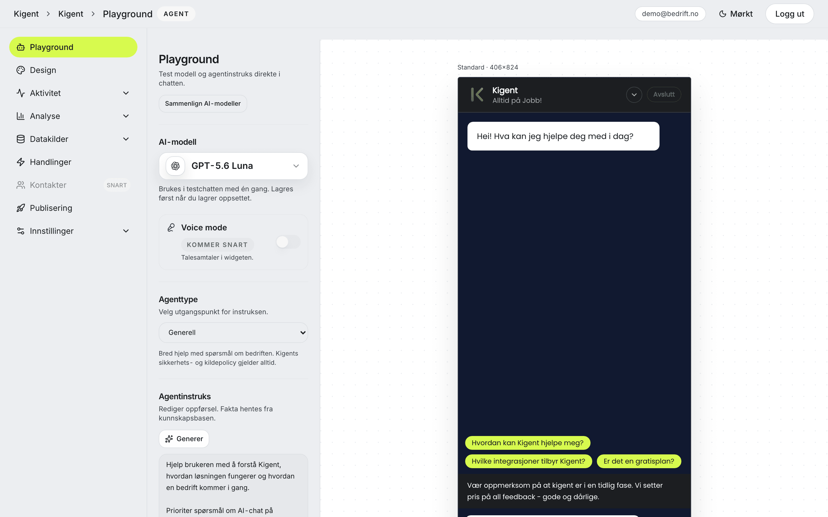 Kigent-playgrounden der AI-modell og agentinstruks testes mot chatten